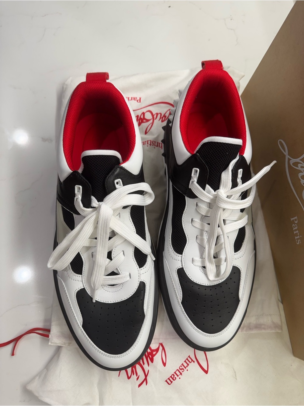 Christian Louboutin Black White Red Low-Top Lace-Up Sneaker - Picture 10 of 12
